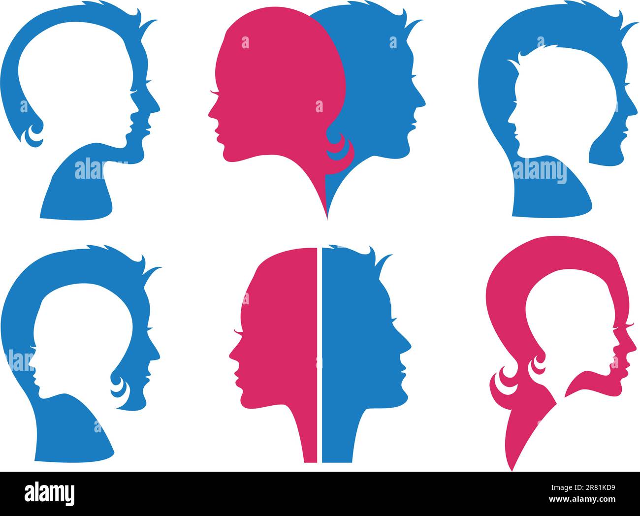 couples, man and woman face silhouettes, vector set Stock Vector