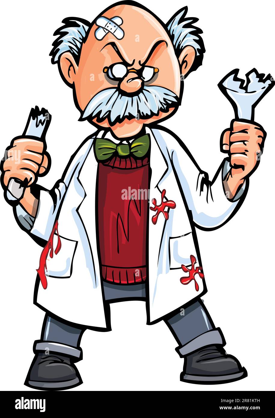 Cartoon professor with broken beakers.Isolated on white Stock Vector