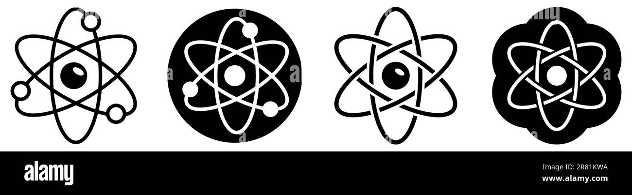Simple atom sign - three interlocked ellipses representing orbits with smaller ball in centre, black and white version Stock Vector