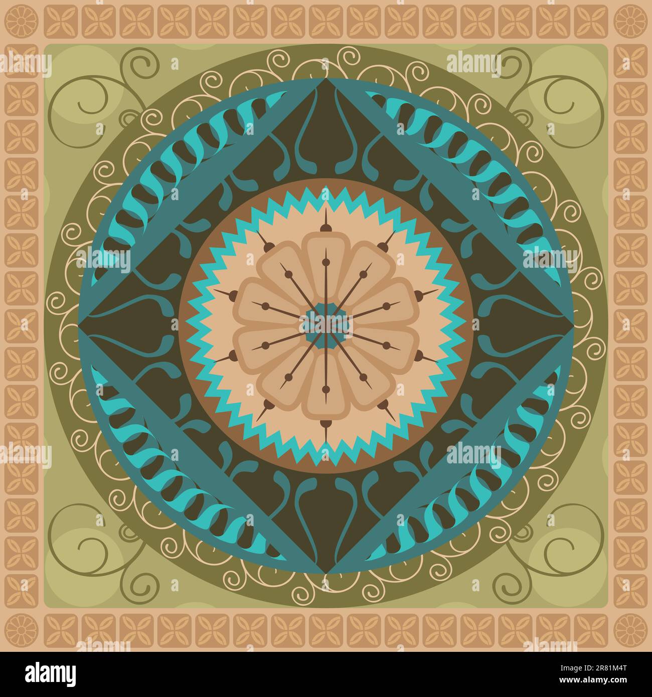 Concentric spiritual mandala pattern with vegetal elements Stock Vector