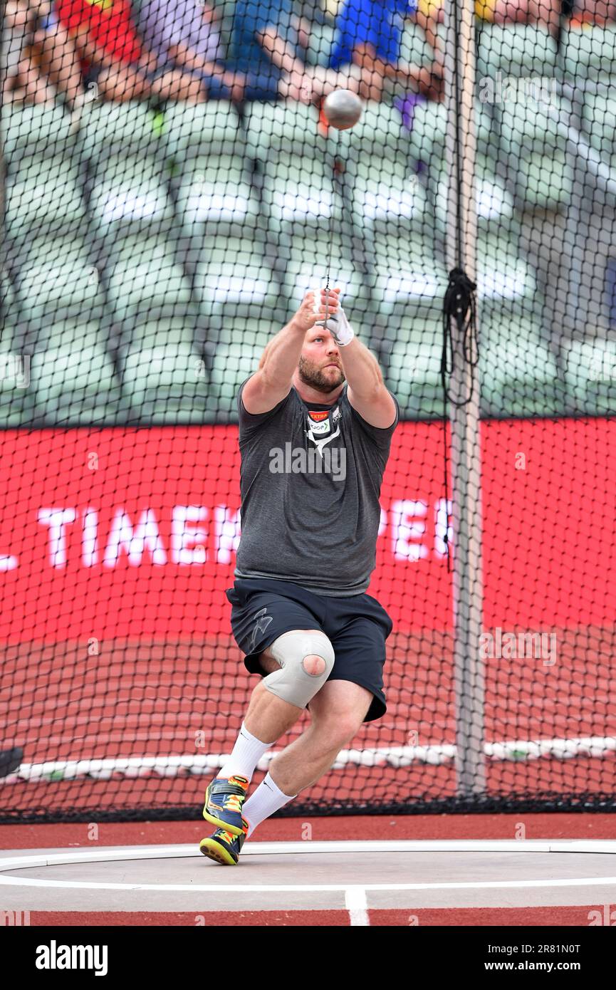 Oslo, Norway. 15th June, 2023. Eivind Prestegard Henriksen (NOR) places  fourth in the hammer with a throw of 251-0 (76.52m) during the Bislett  Games, Thursday, June 15, 2023, in Oslo, Norway. (Jiro