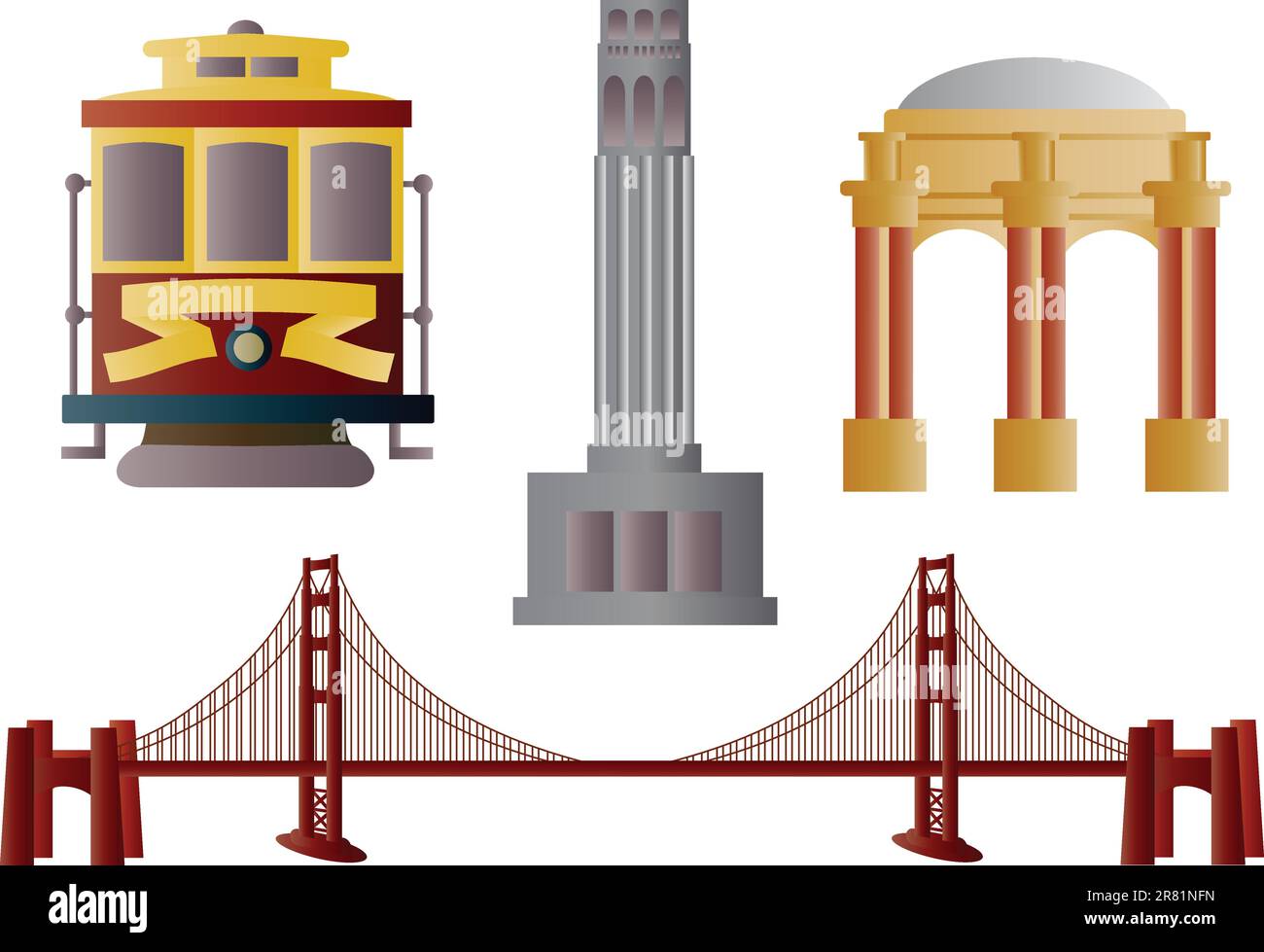 San Francisco Golden Gate Bridge Trolley Coit Tower and Palace of Fine Arts Illustration Stock Vector