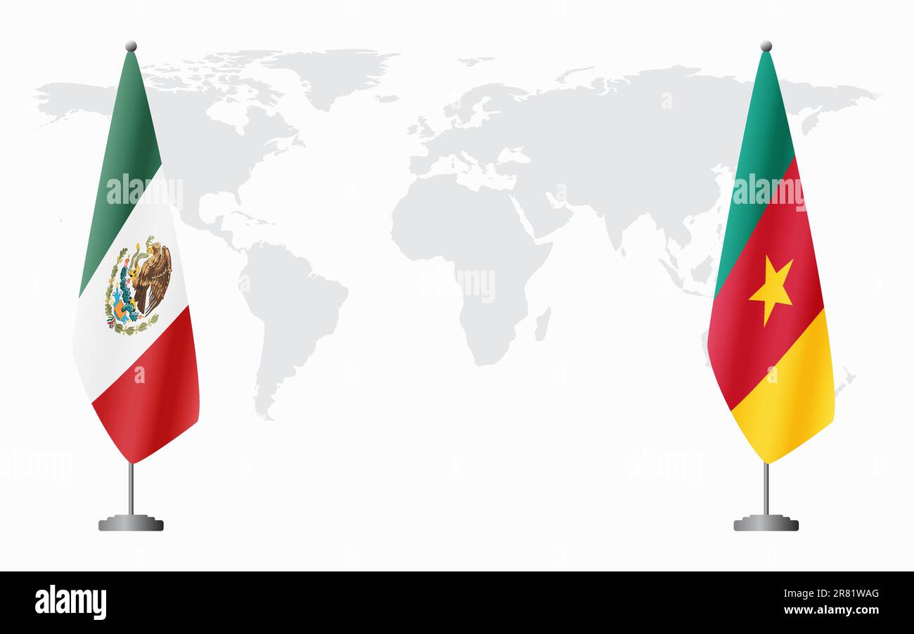 Mexico and Cameroon flags for official meeting against background of world map. Stock Vector