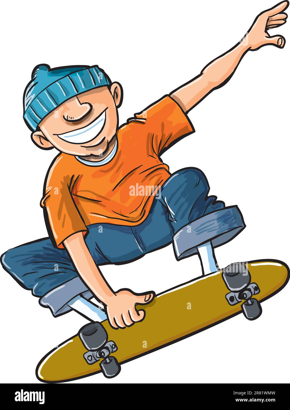 Cartoon of boy jumping on his skateboard. Isolated on white Stock Vector