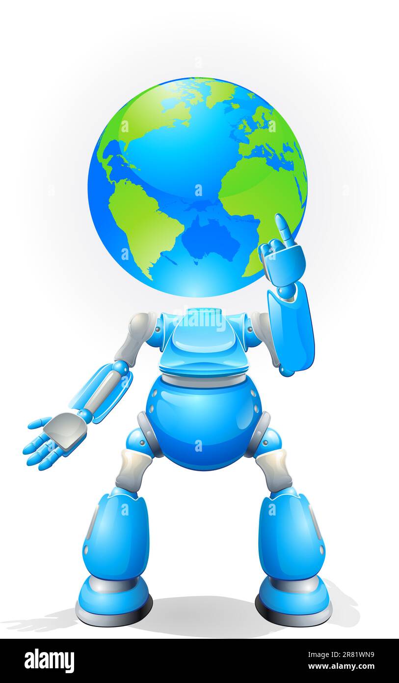 A world blue robot with a globe for a head. Conceptual illustration. Stock Vector