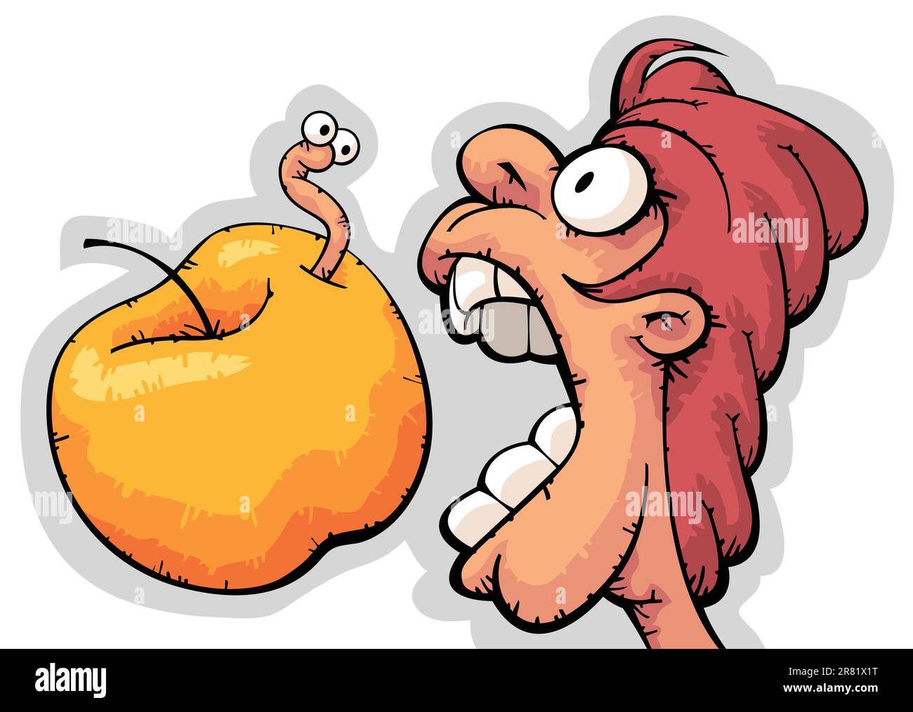 Hungry funny guy biting big apple with surprised worm sticking out of it Stock Vector