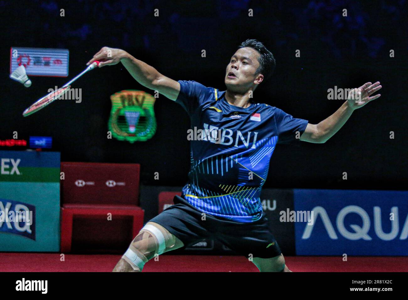 Badminton player from Indonesia, Anthony Sinusuka plays against Viktor  Axelsen during the final of the 2023 Indonesia Open Championship at Istora  Senayan. The men's singles final for the 2023 Indonesia Open badminton