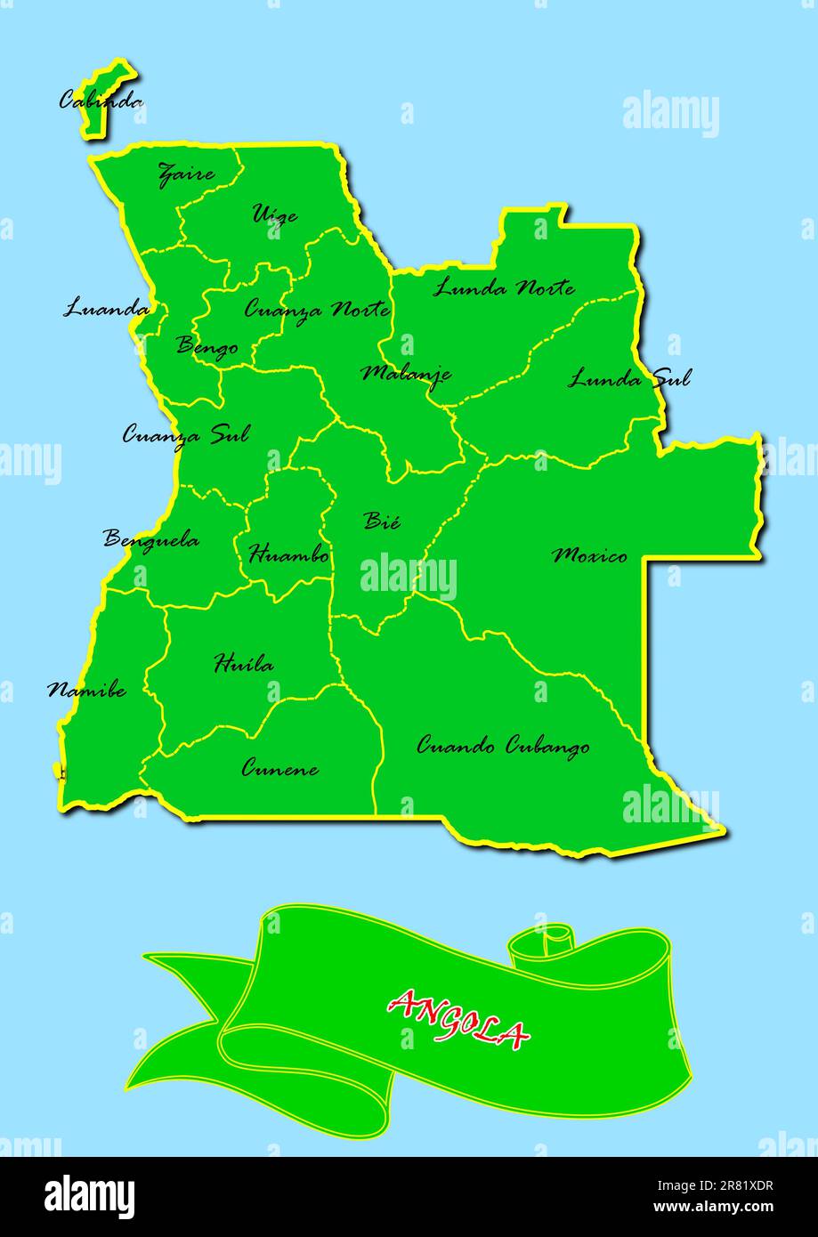 Map of Angola with subregions in green country name in red Stock Photo