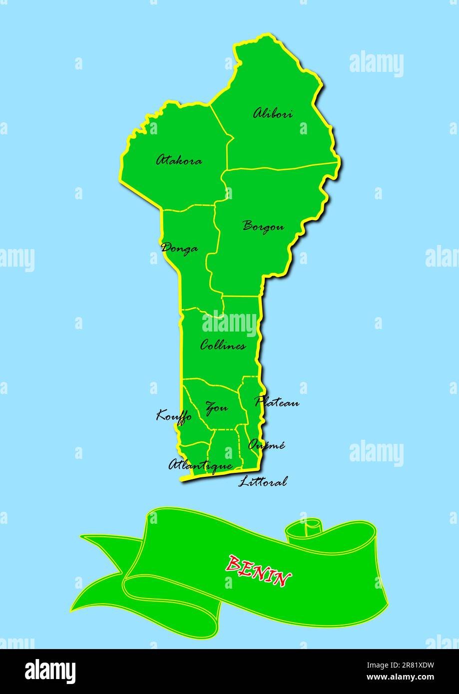 Map of Benin with subregions in green country name in red Stock Photo - Alamy
