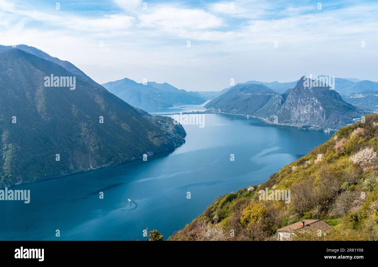 Panorama of lake Lugano with Monte San Salvatore from Monte Bre, Ticino, Switzerland Stock Photo