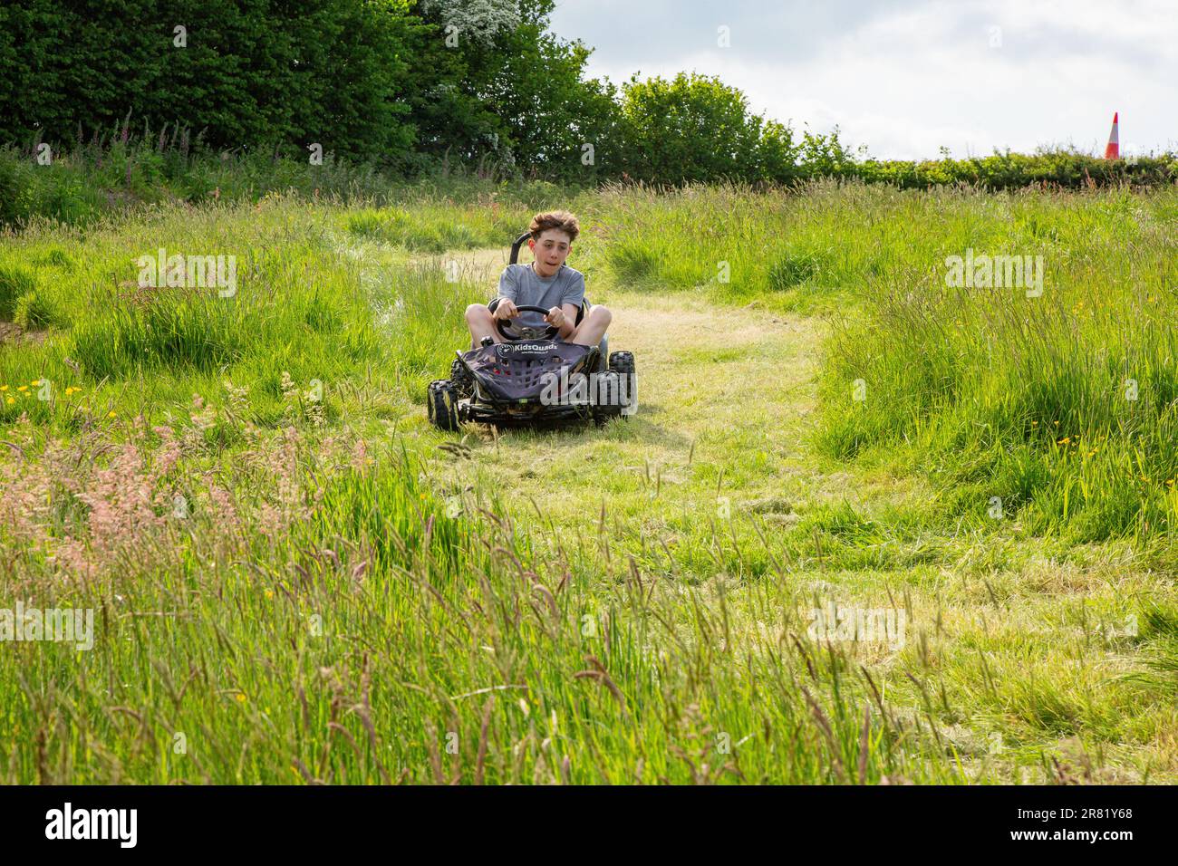 Electric powered Go-Kart racing around a field, High Bickington, North ...