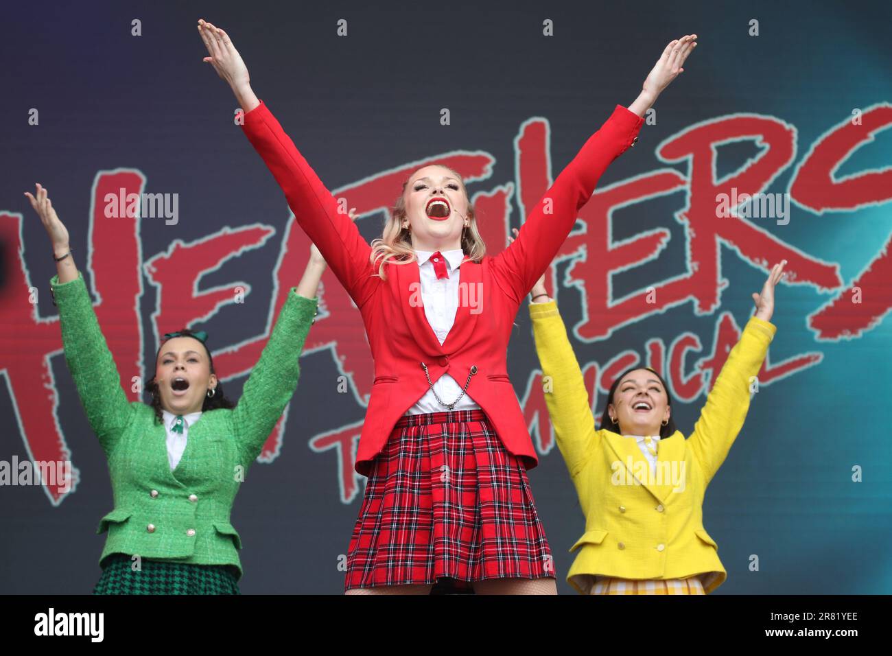 The cast of the musical Heathers perform live on stage at West End Live
