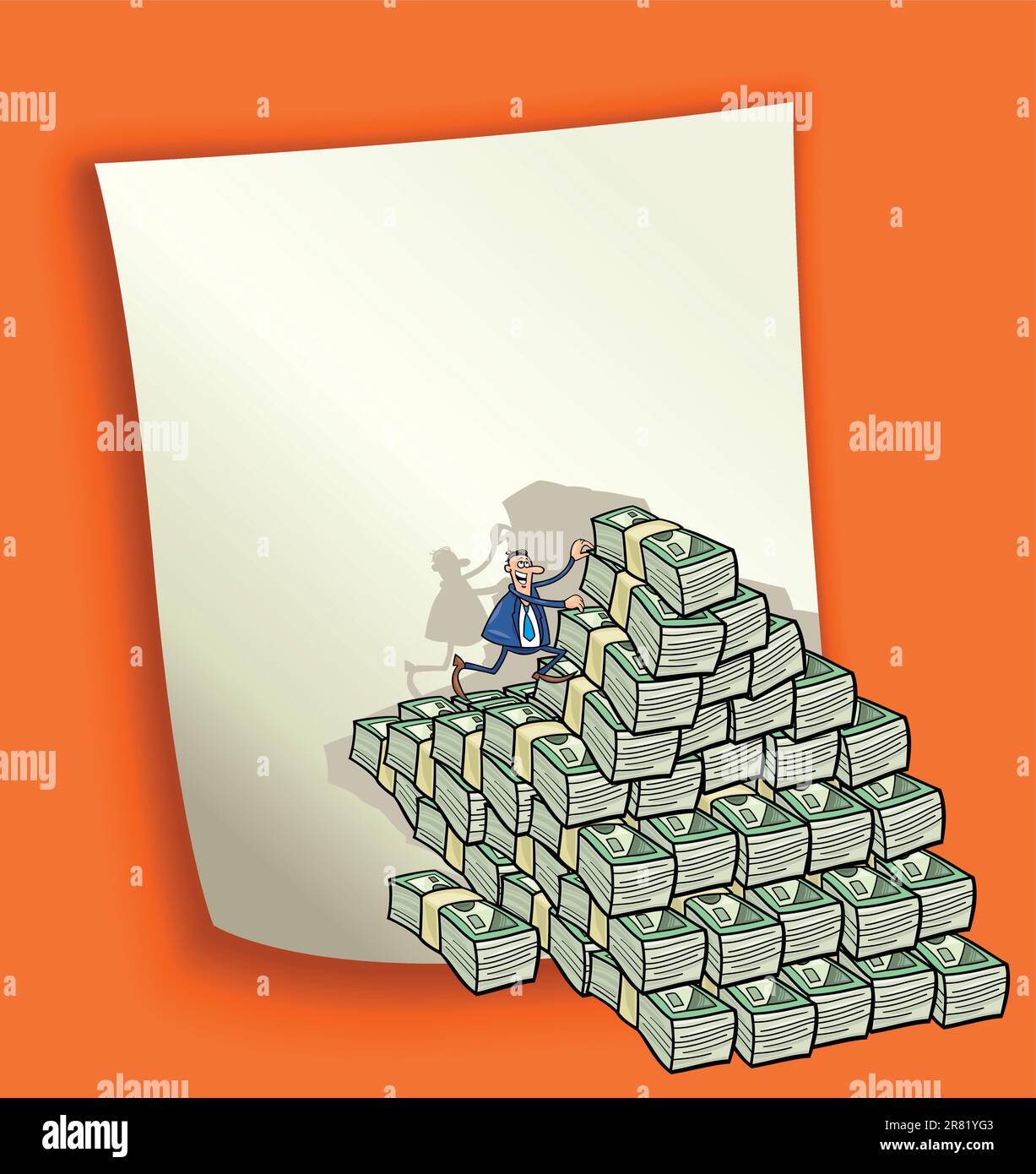 cartoon design illustration with blank page and businessman climbing on heap of money Stock Vector