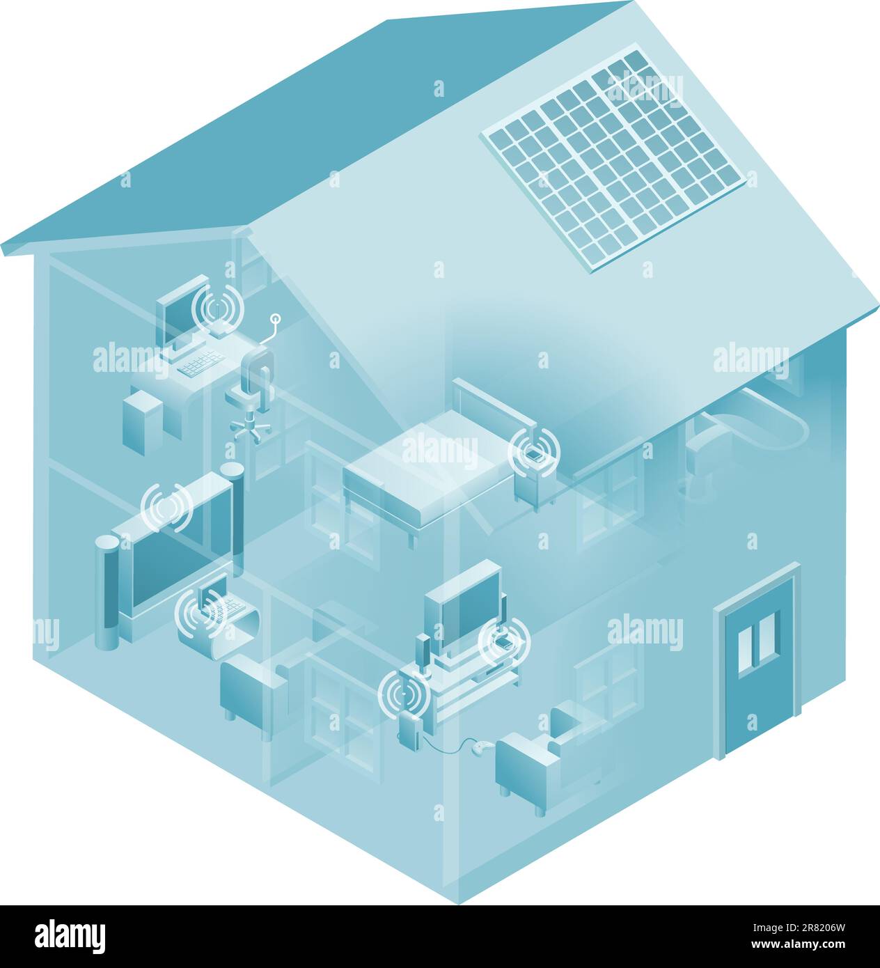 Local area network with devices like phones, games consoles, pc desktop computer, laptop, and tv connected in a network, wired and wireless. Stock Vector