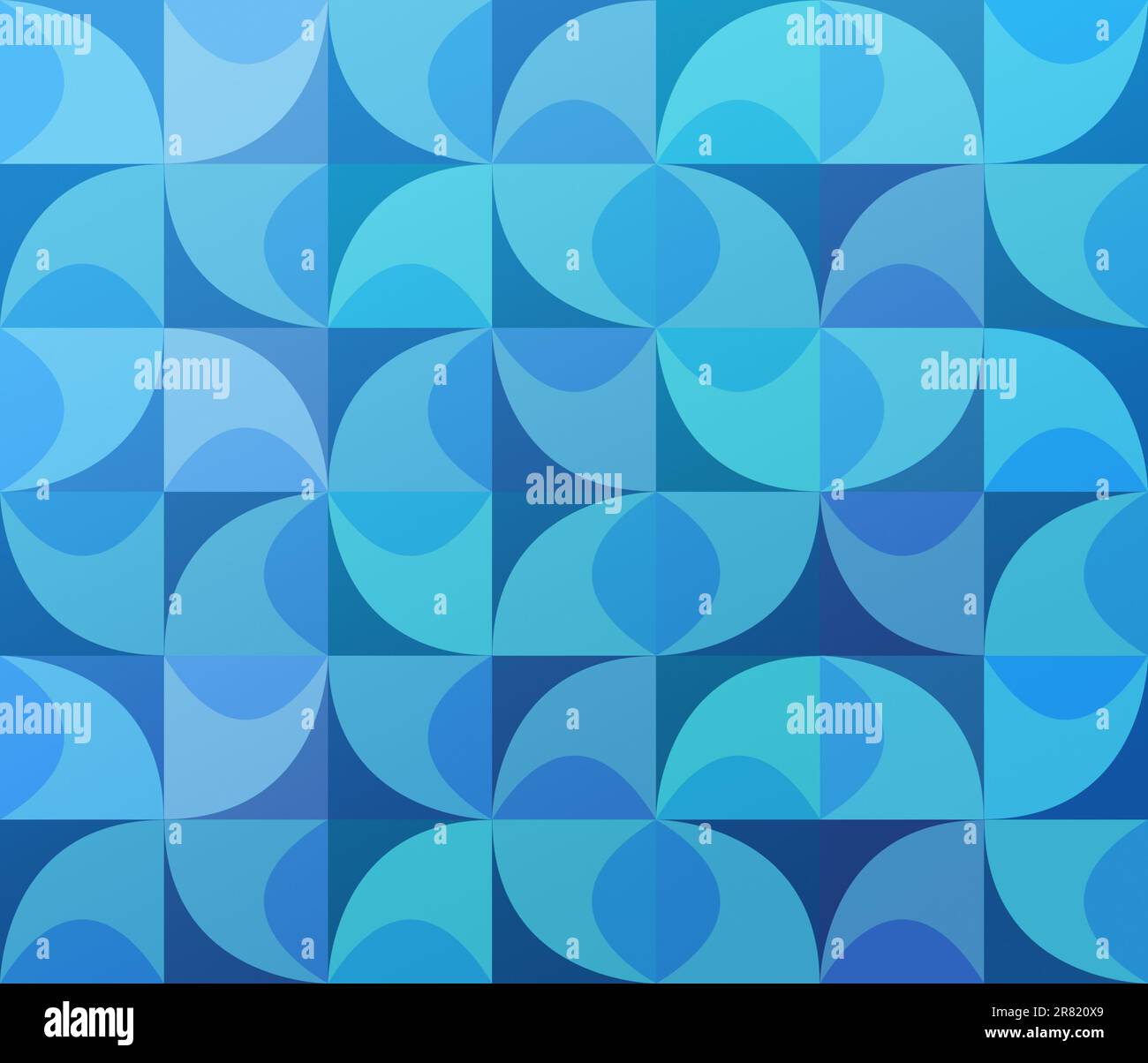 Abstract background with blue, light blue and turquoise geometric curved shapes. Vibrant retro Bauhaus pattern illustration, copy space. Stock Photo