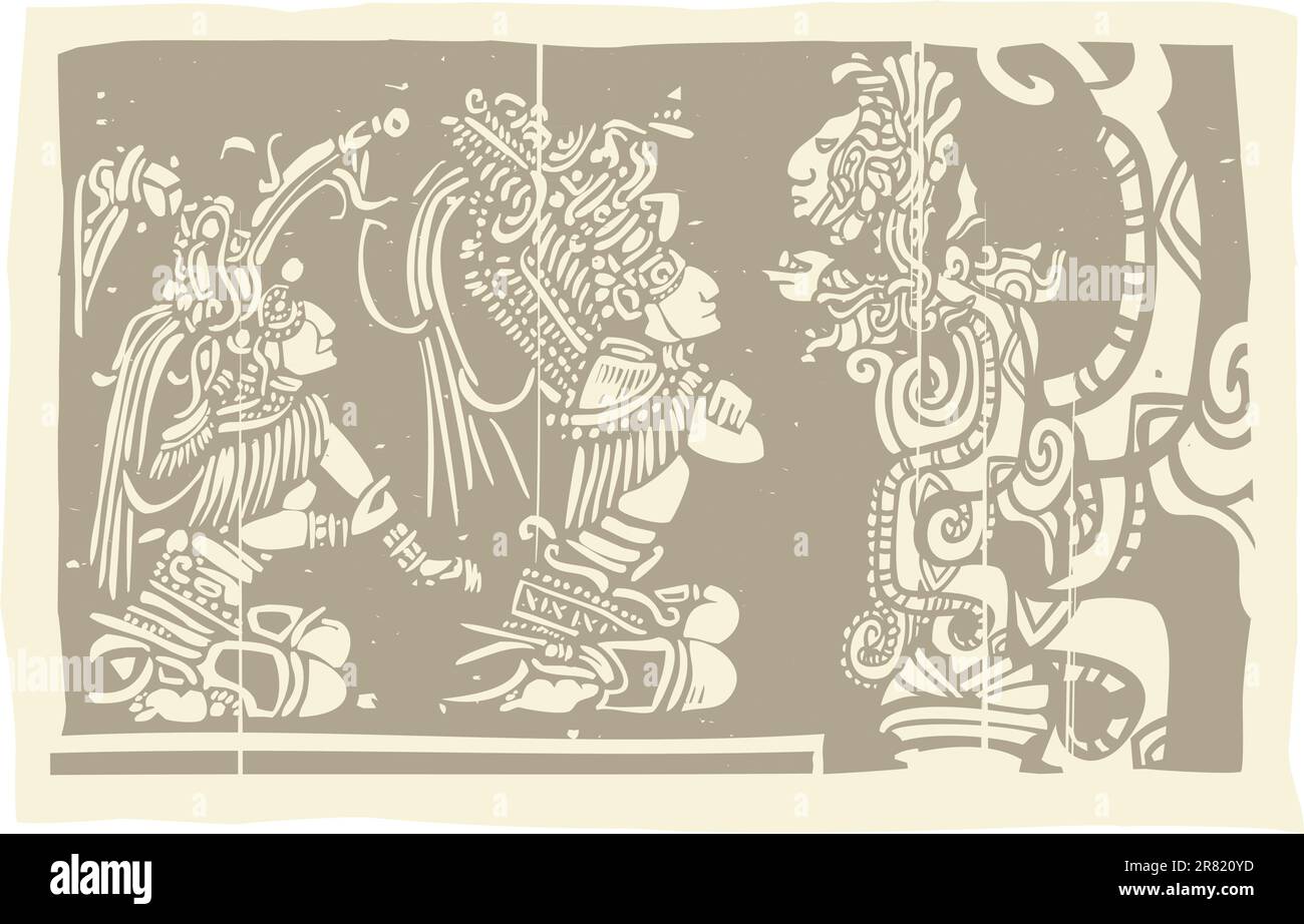 Woodblock style Mayan image with two priests and Vision Serpent Stock Vector