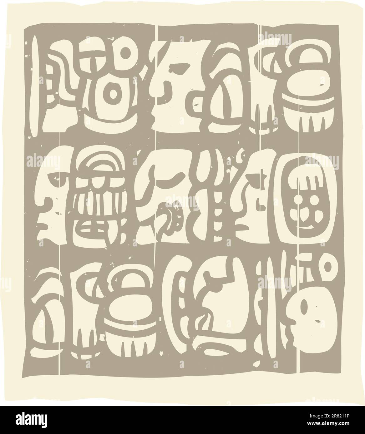 Woodblock style Mayan language in writing glyphs Stock Vector