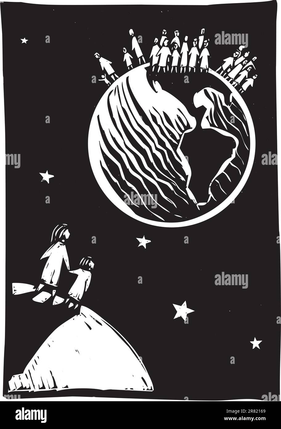 Two people looking back at the over populated earth. Stock Vector