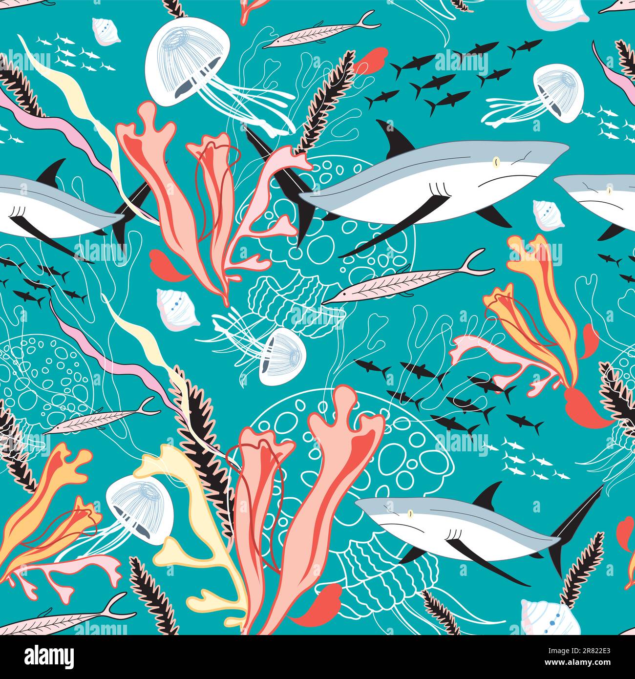 seamless pattern with the marine jellyfish and sharks among the seaweed ...