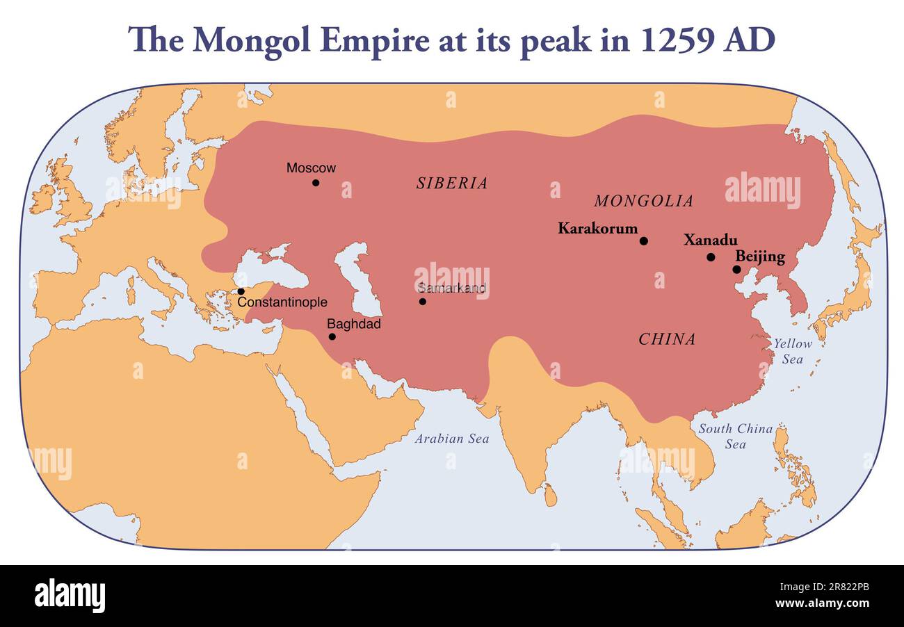 Map of the Mongol empire at its greatest extent in 1259 AD Stock Photo