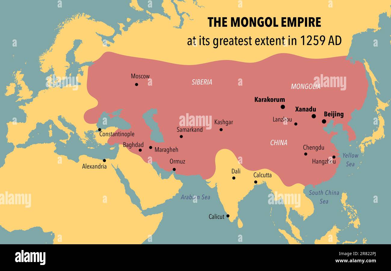 Map of the Mongol empire at its greatest extent in 1259 AD Stock Photo