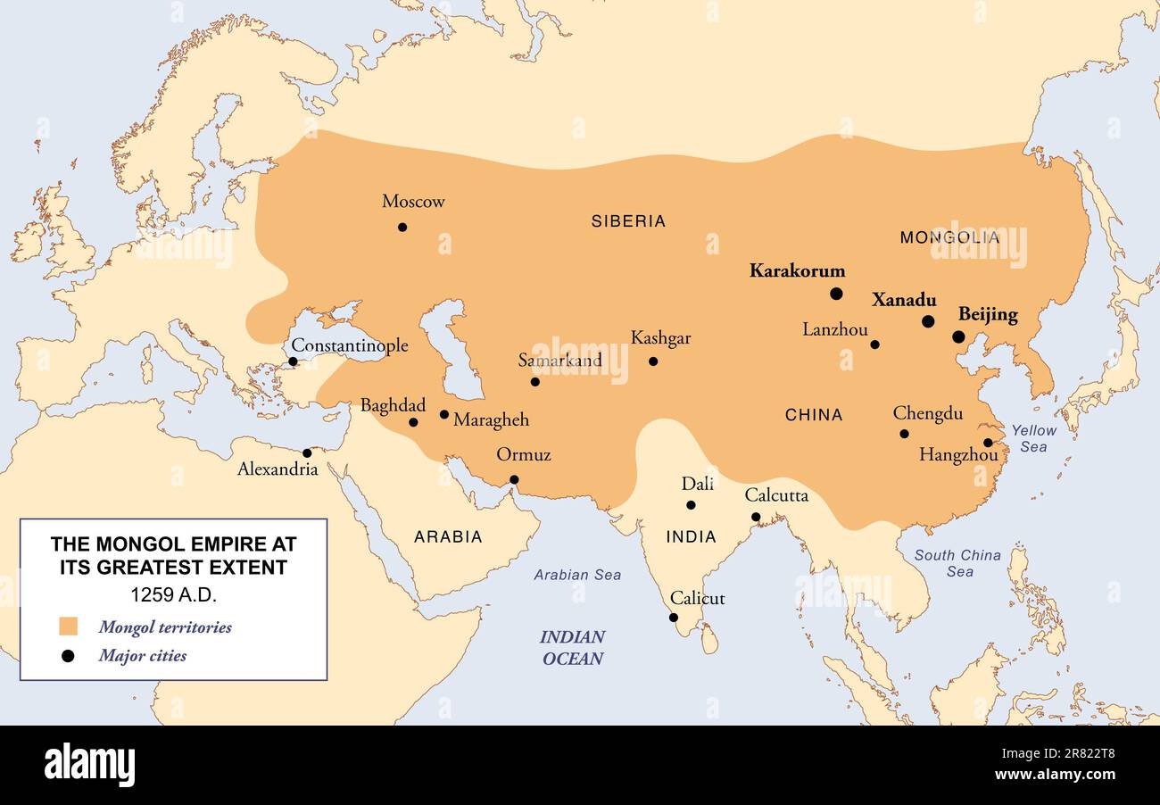 Map Of The Mongol Empire At Its Greatest Extent In 1259 AD Stock Photo   Map Of The Mongol Empire At Its Greatest Extent In 1259 Ad 2R822T8 