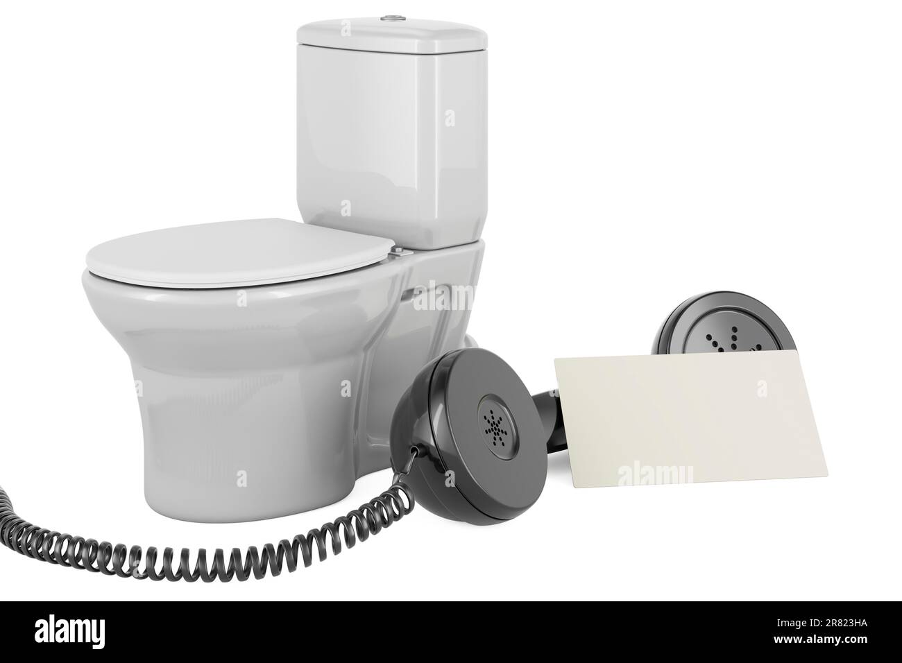 Toilet bowl with blank business card and retro phone receiver. 3D