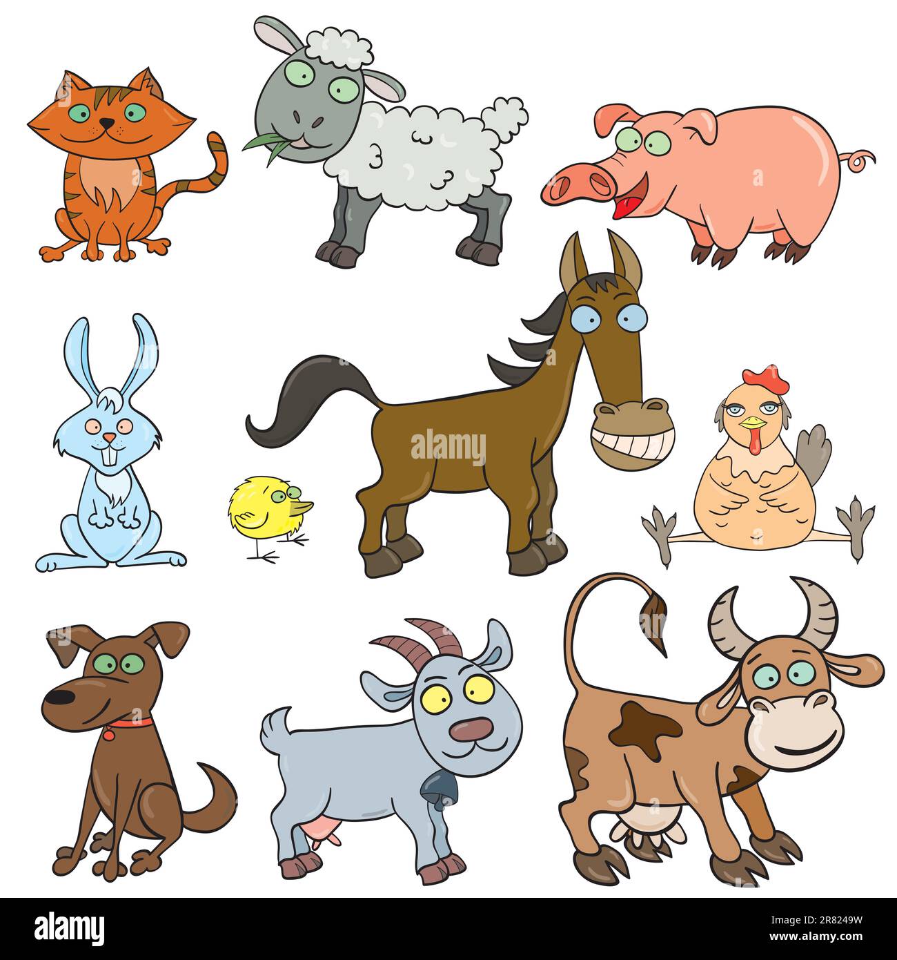 Cartoon hand-drawn farm animals set. Vector illustration. Stock Vector