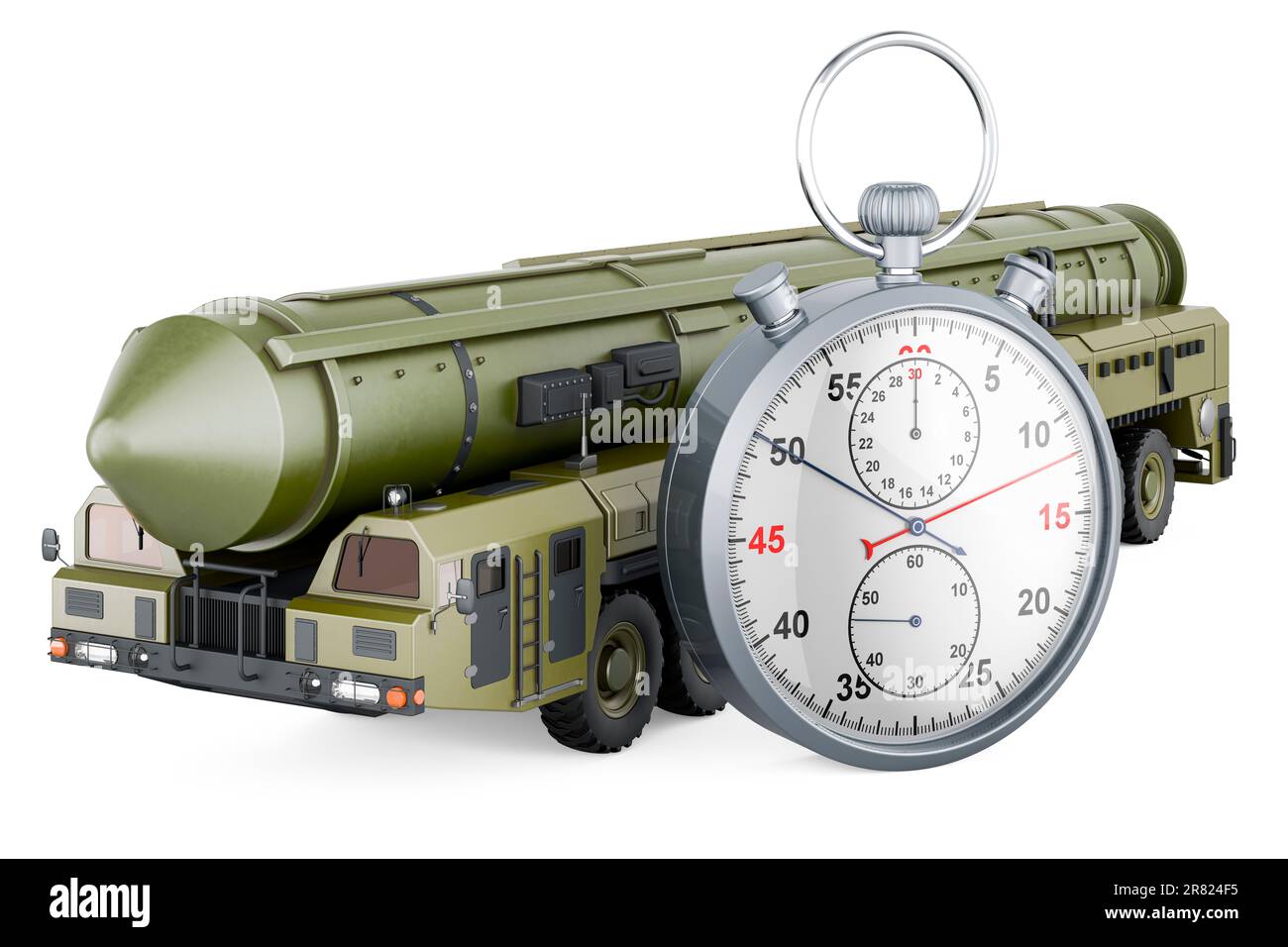 Scud missile, mobile short-range ballistic missile system with stopwatch, 3D rendering isolated on white background Stock Photo