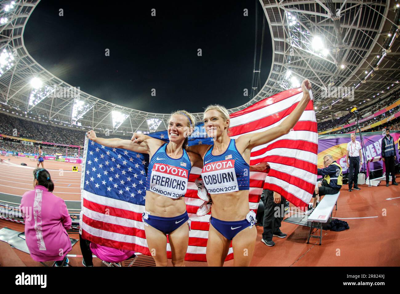Courtney Frerichs celebrating her medal with her country's flag in the
