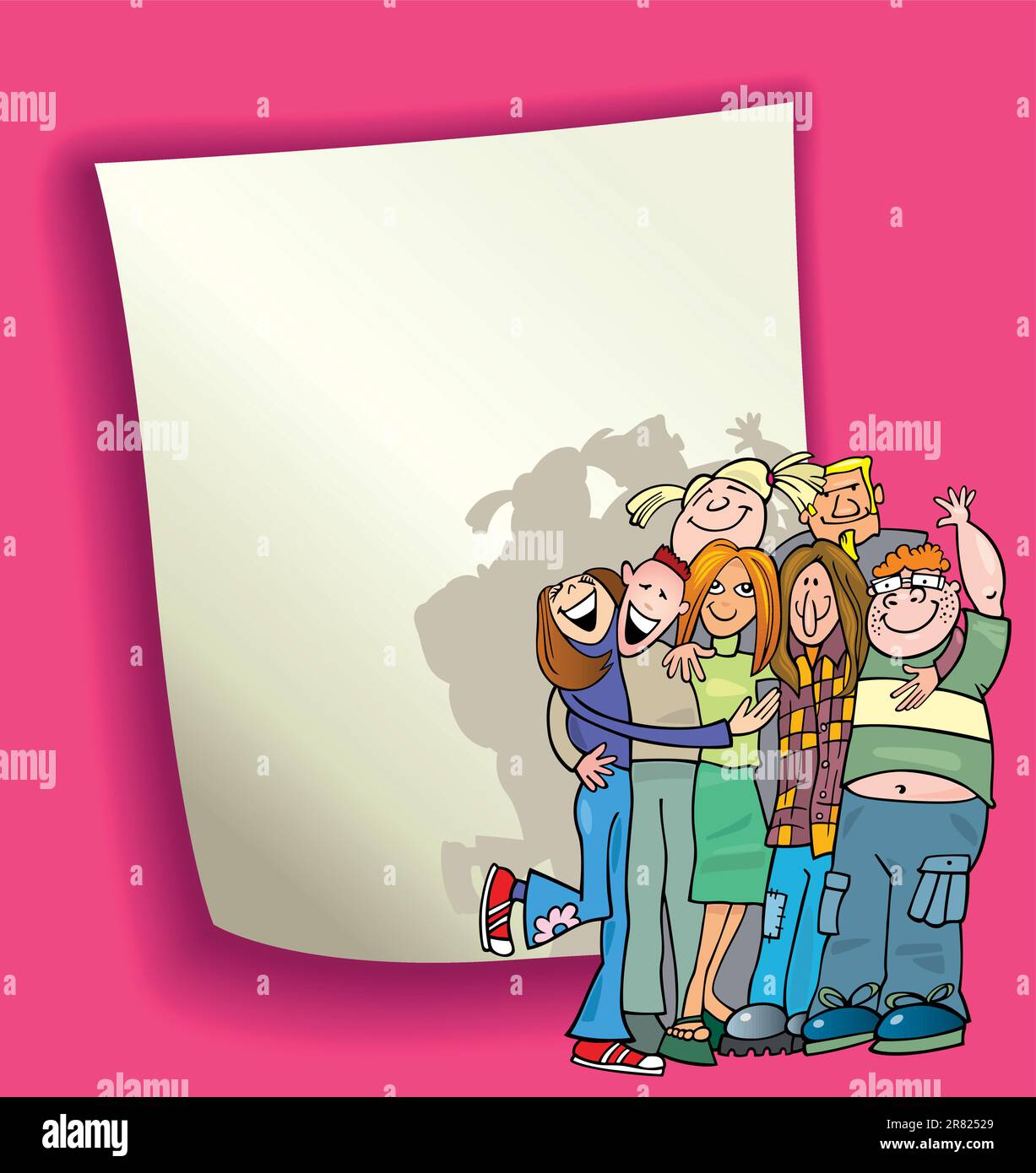 cartoon design illustration with blank page and funny teenagers group ...