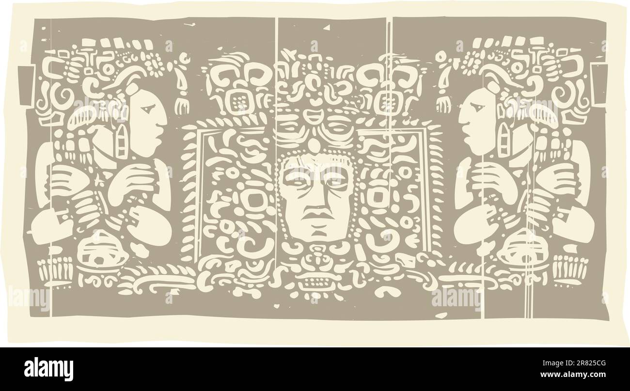 Woodblock style Mayan Triptych image with priests. Stock Vector