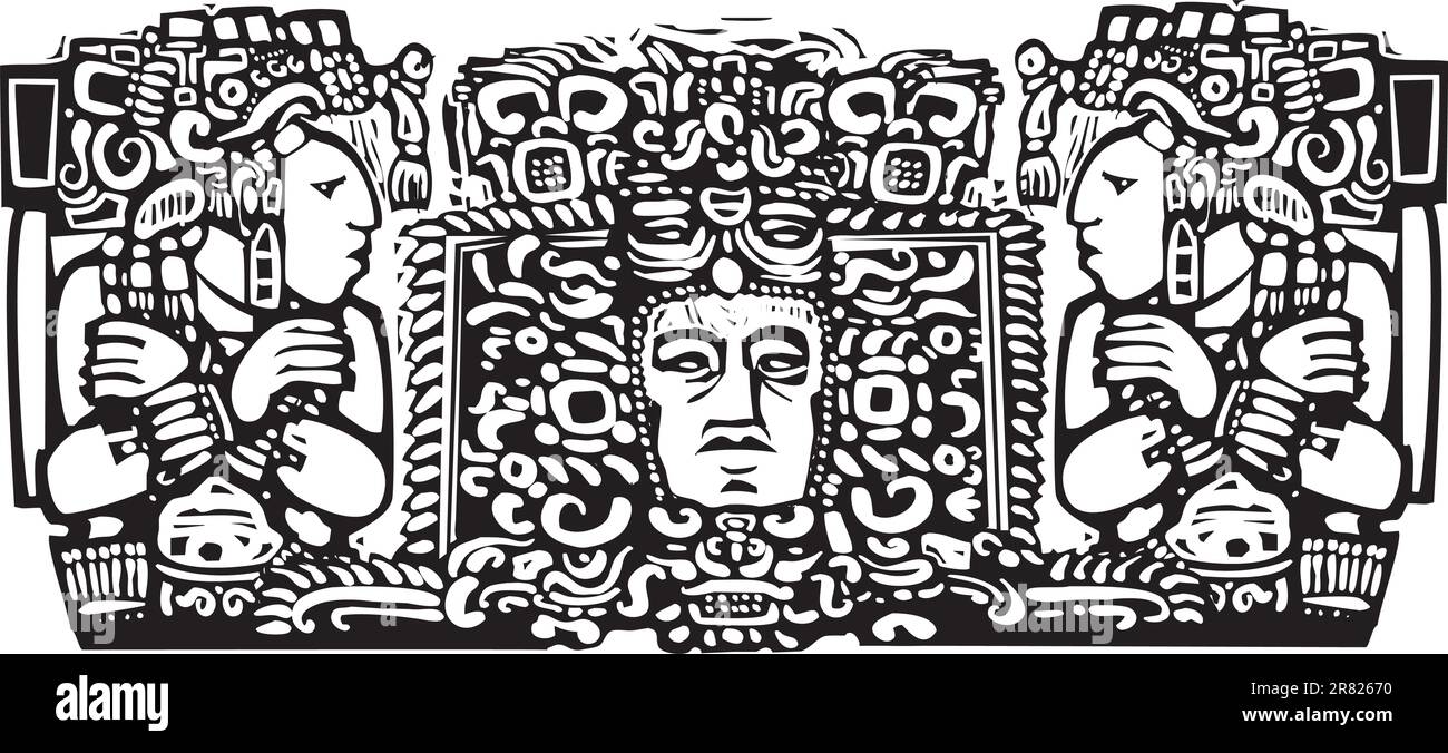 Woodblock style Mayan Triptych image with priests. Stock Vector