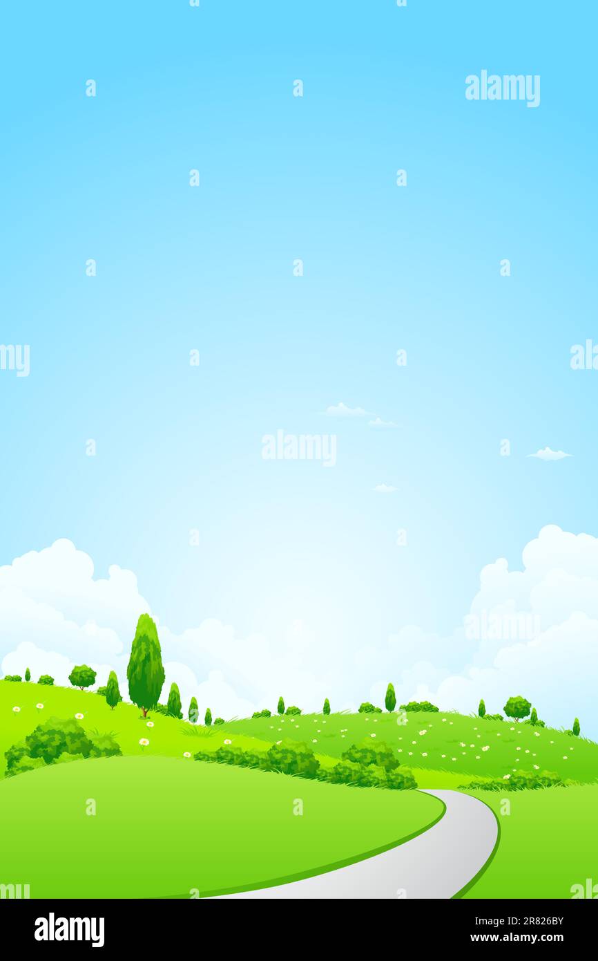 Green Landscape with Flowers Trees Clouds and road Stock Vector Image ...