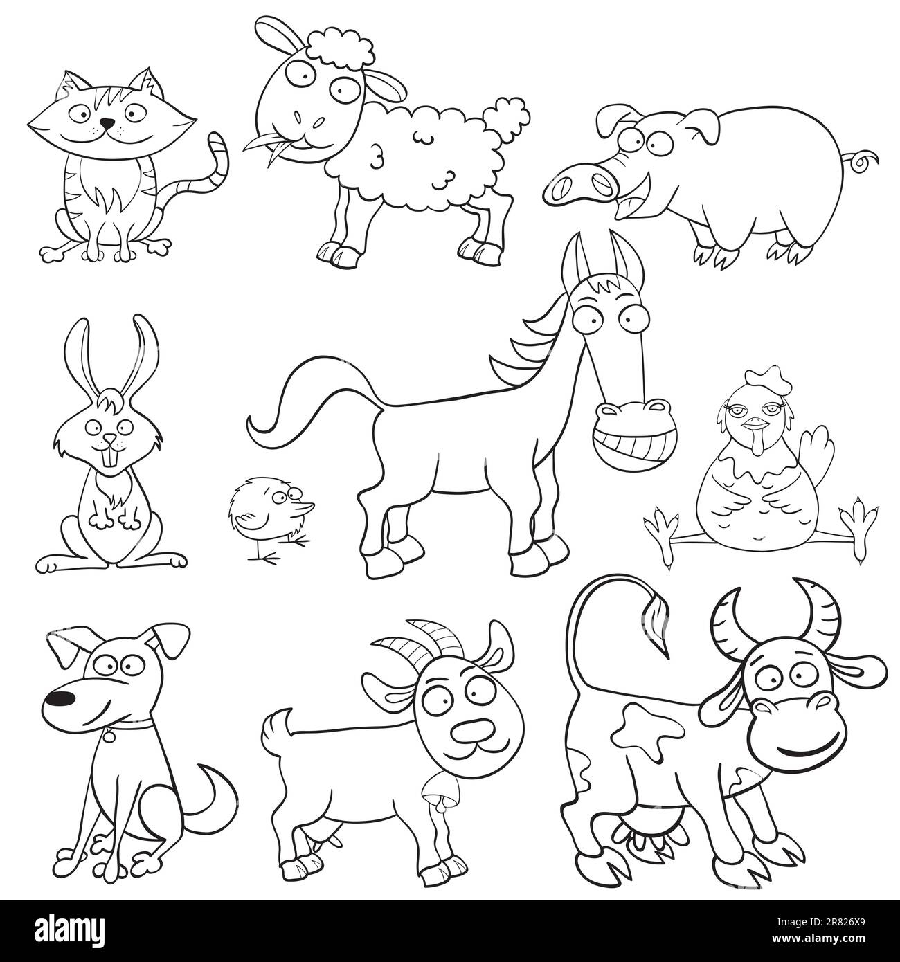 Outlined cute cartoon farm animals for coloring book. Vector illustration. Stock Vector