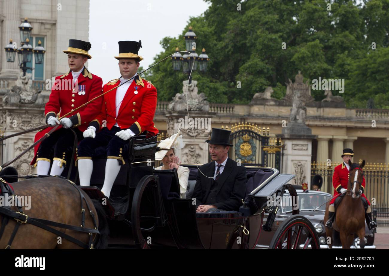 The Duchess of Edinburgh Sophie Rhys-Jones and Sir Timothy Laurence Riding in Open Horse Drawn Carriage Trooping The Colour Color  Buckingham Palace Stock Photo