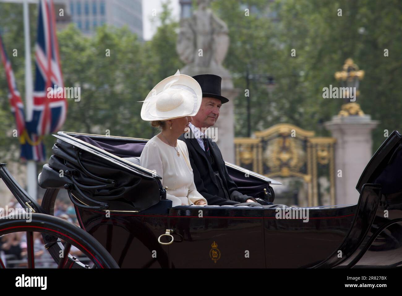 The Duchess of Edinburgh Sophie Rhys-Jones and Sir Timothy Laurence Riding in Open Horse Drawn Carriage Trooping The Colour Color The Mall London Engl Stock Photo