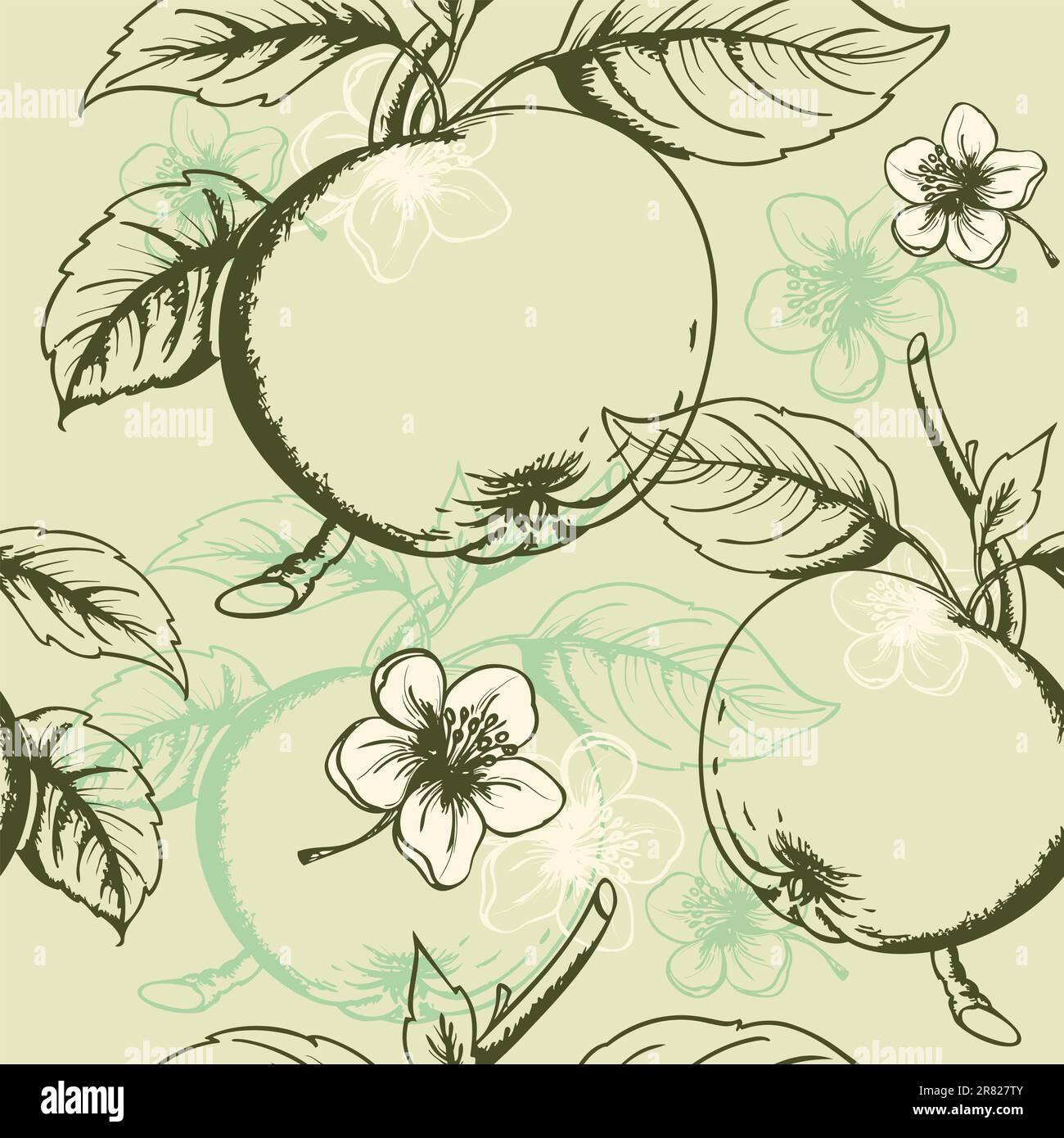 Vector seamless pattern with green apples and flowers Stock Vector
