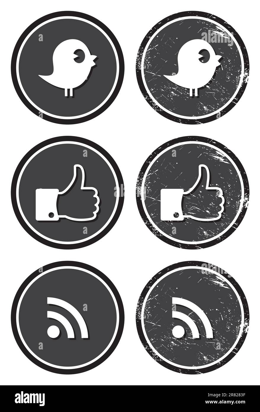 Black, grey vintage labels / badges, retro style with social media icons - bird, like it, reader. Stock Vector