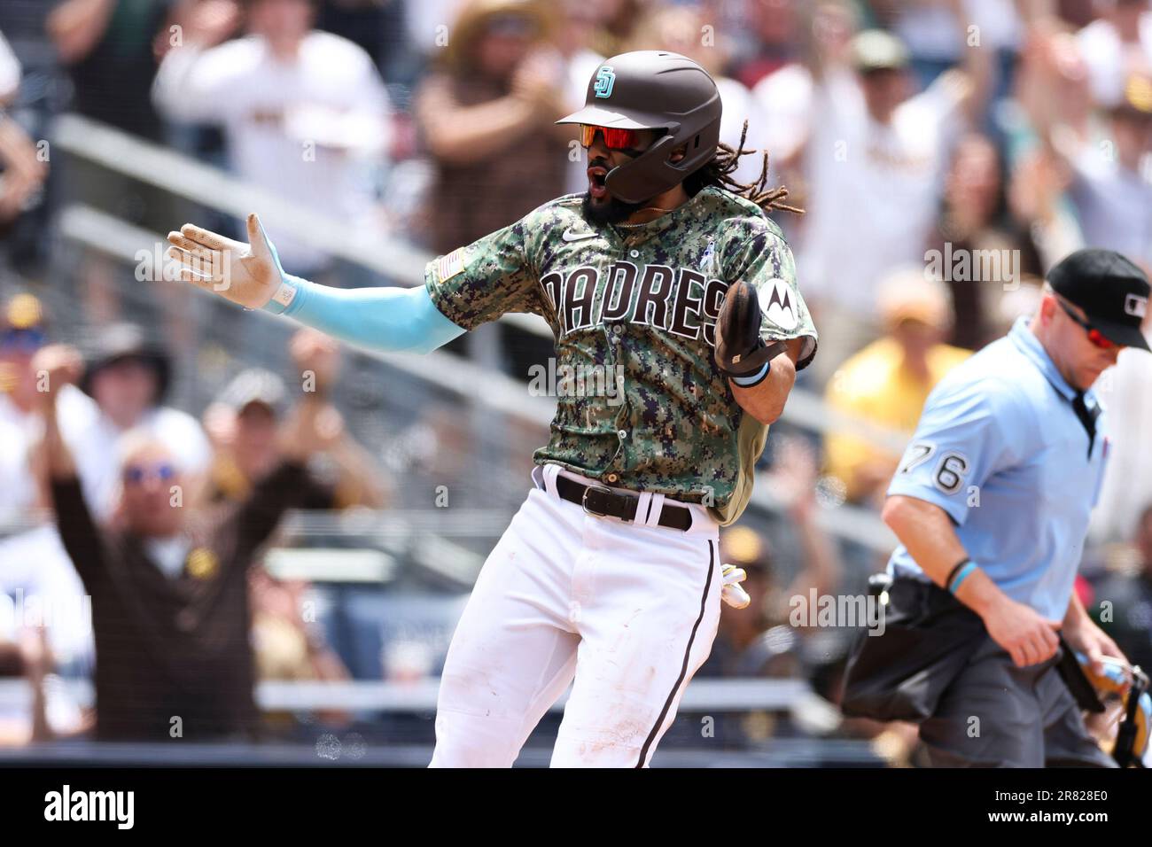 San Diego Padres' Fernando Tatis Jr. celebrates after scoring on a throwing  error by Tampa Bay Rays' Wander Franco in the third inning of a baseball  game, Sunday, June 18, 2023, in