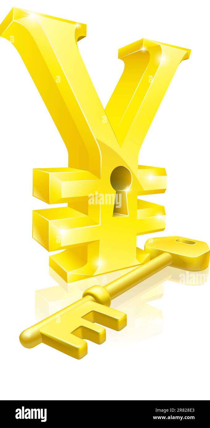Conceptual illustration of a gold Yen sign and key. Concept for unlocking financial success or cash or for financial security. Stock Vector