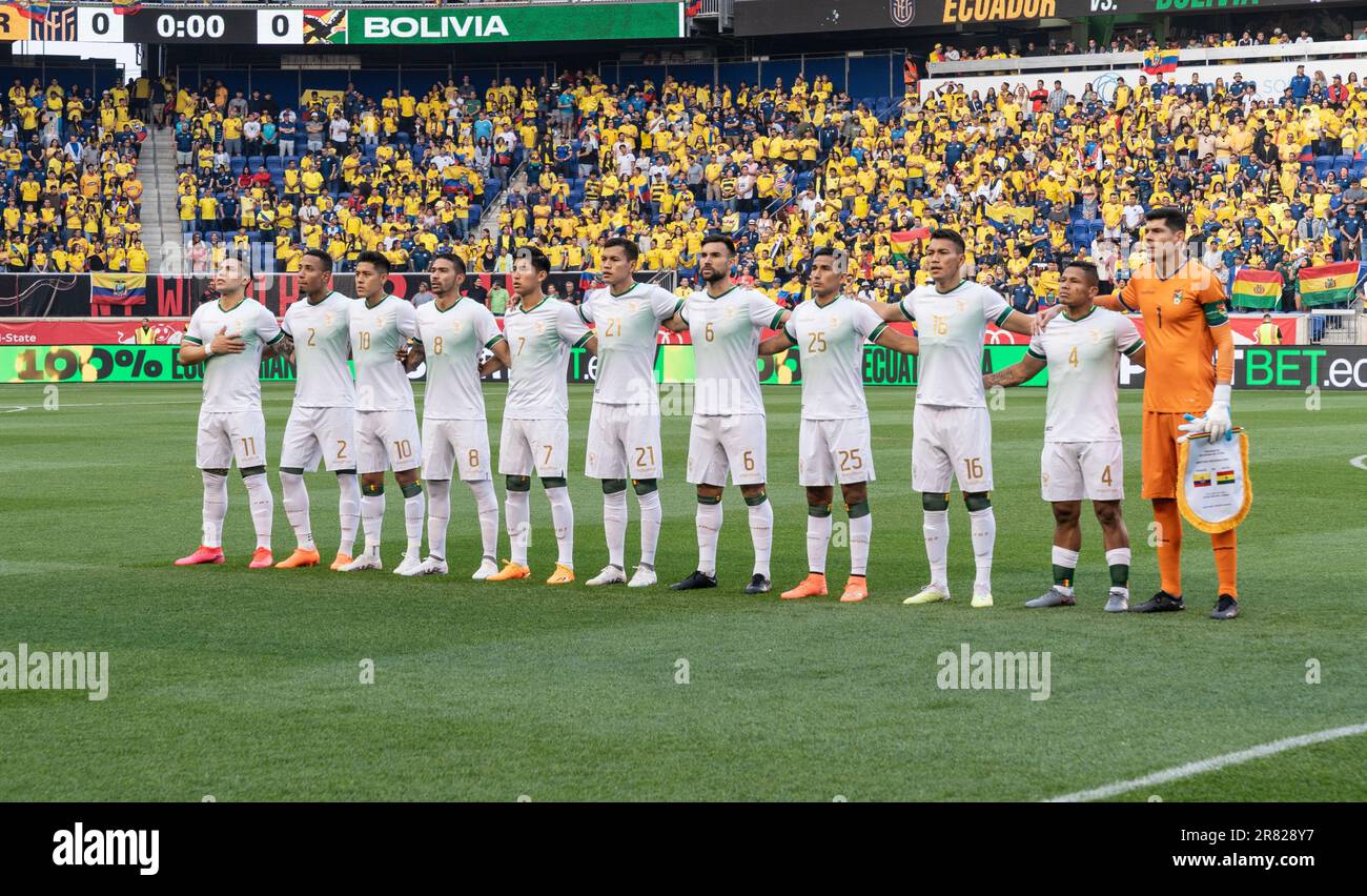 Players of Bolivia team sing national anthem before friendly game against Ecuador on Red Bull Arena in Harrison New Jersey on June 17, 2023 Stock Photo