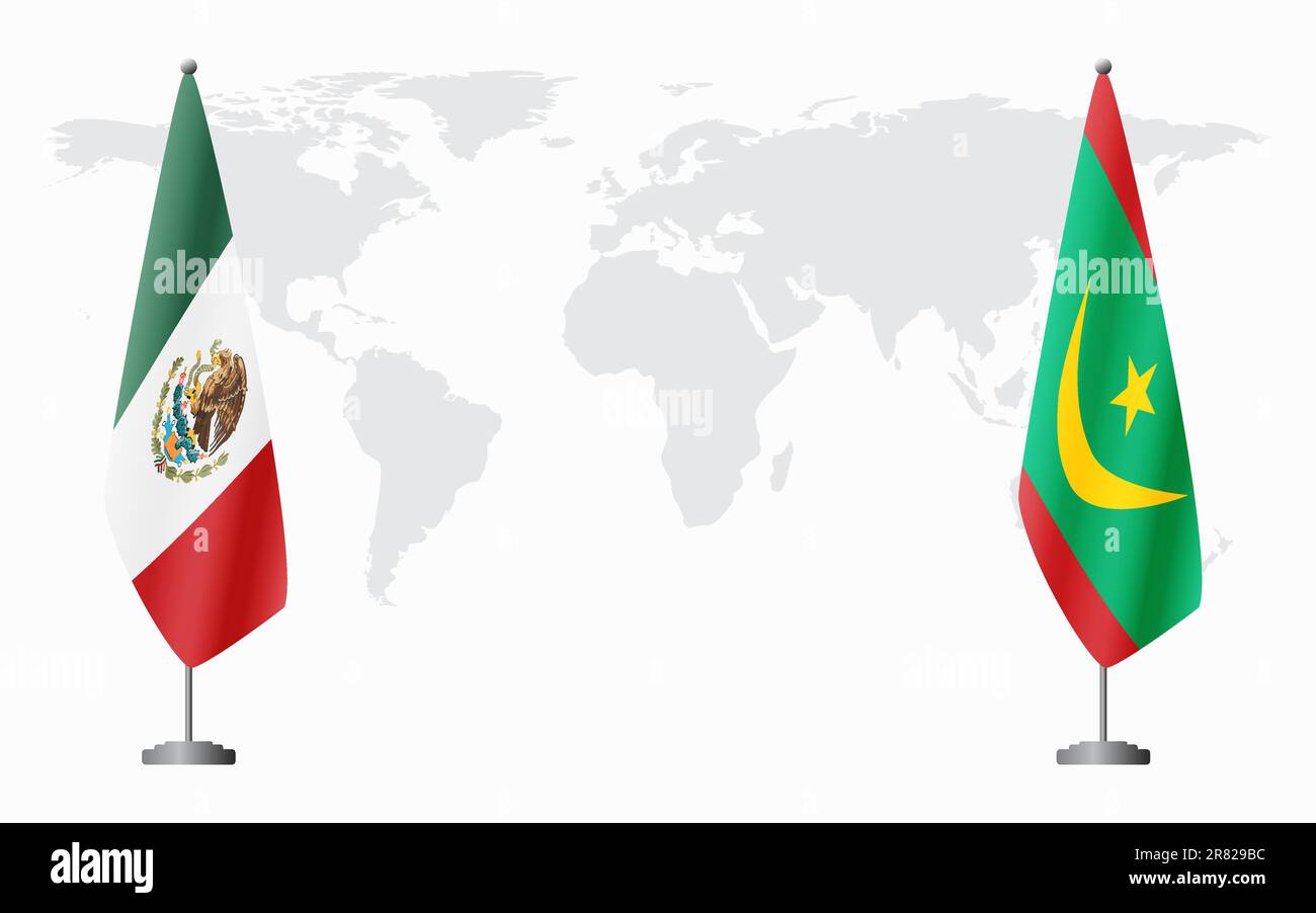 Mexico and Mauritania flags for official meeting against background of world map. Stock Vector