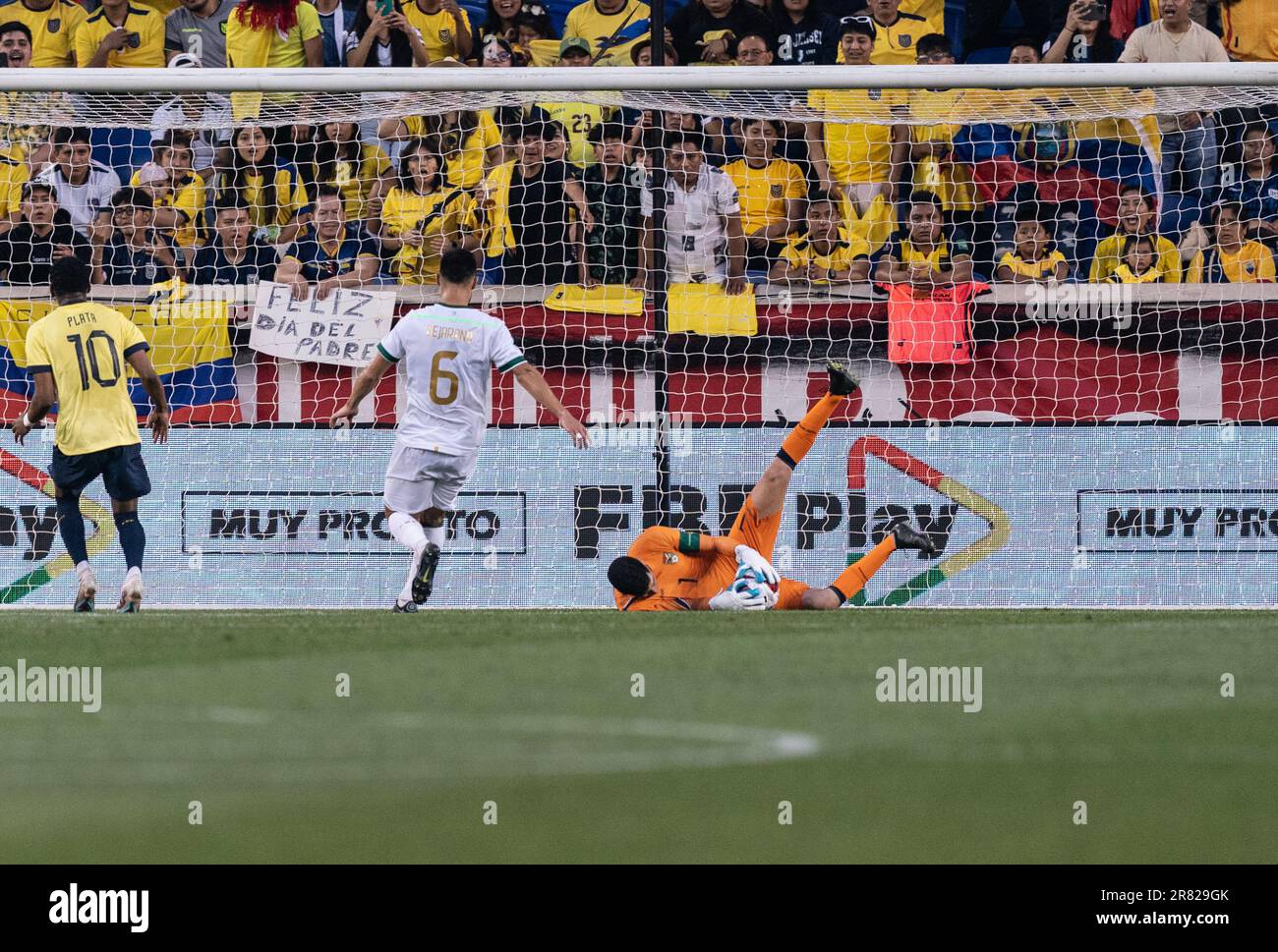 Goalkeeper Carlos Lampe (1) of Bolivia saves during friendly game against Ecuador on Red Bull Arena in Harrison New Jersey on June 17, 2023 Stock Photo