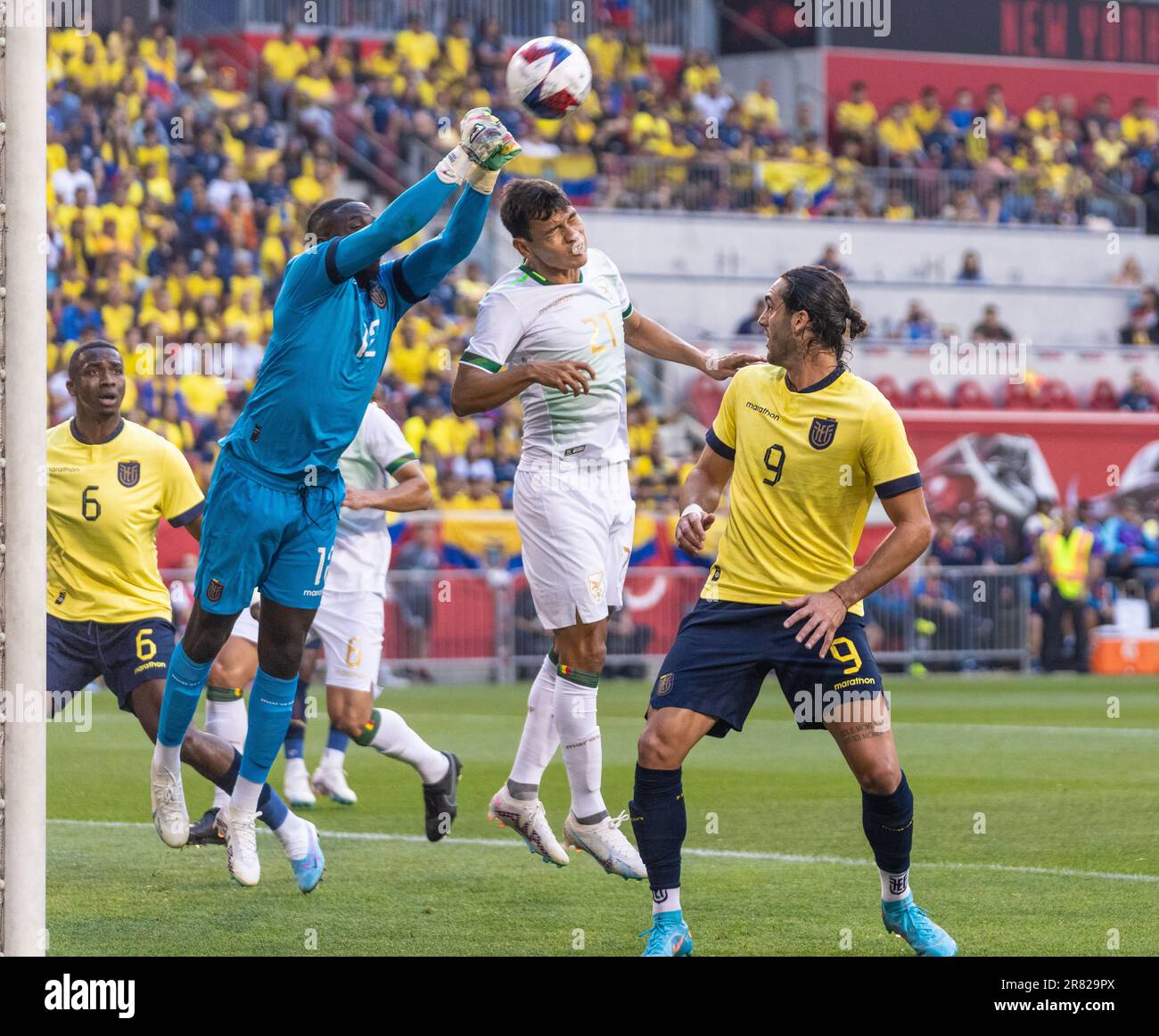 Goalkeeper Moises Ramirez (12) of Ecuador saves during friendly game against Bolivia on Red Bull Arena in Harrison New Jersey on June 17, 2023 Stock Photo