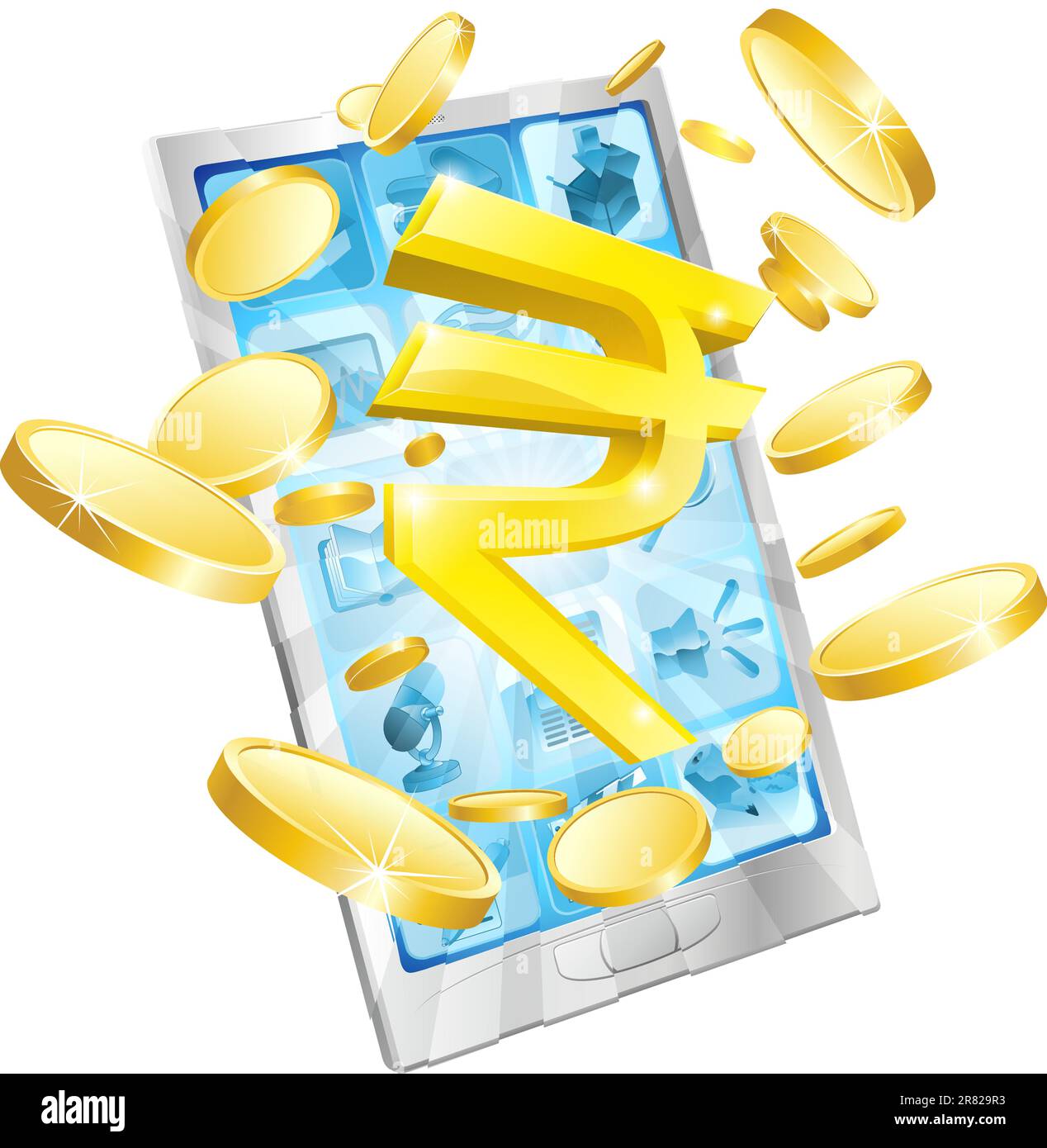 Rupee money phone concept illustration of mobile cell phone with gold Rupee sign and coins Stock Vector