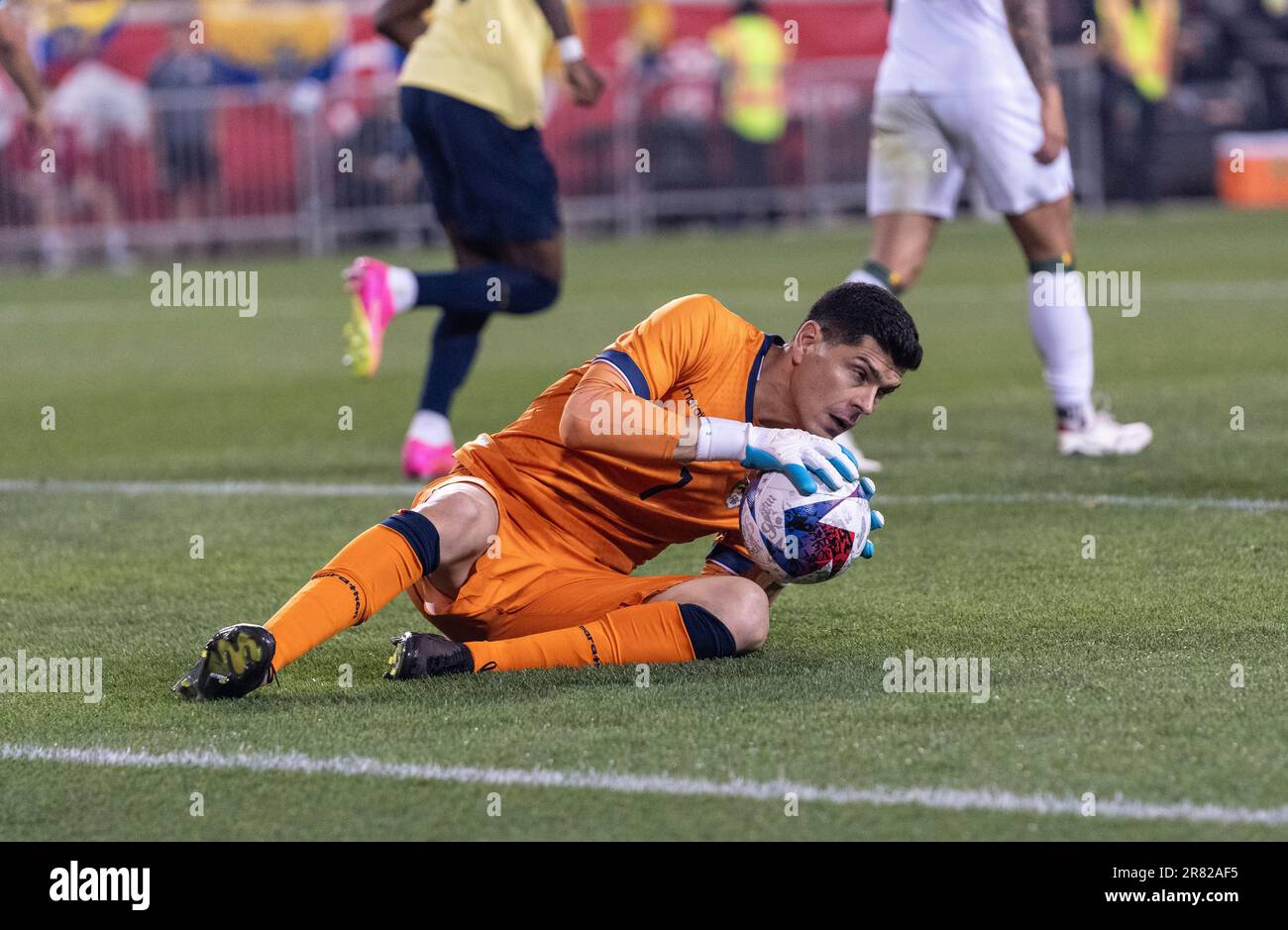 Goalkeeper Carlos Lampe (1) of Bolivia saves during friendly game against Ecuador on Red Bull Arena in Harrison New Jersey on June 17, 2023 Stock Photo