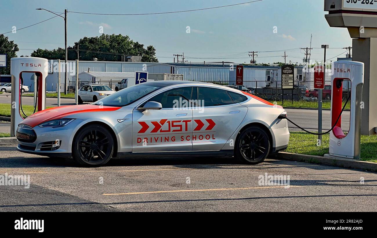 EMPORIA, KANSAS JUNE 6, 2023 A Tesla model 3 that has been wrapped