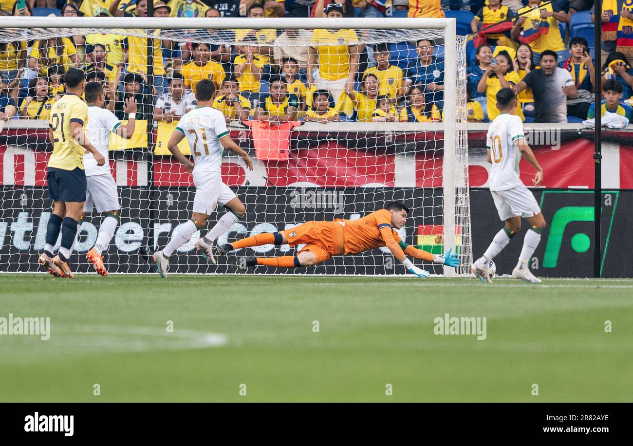 Harrison, USA. 17th June, 2023. Goalkeeper Carlos Lampe (1) of Bolivia saves during friendly game against Ecuador on Red Bull Arena in Harrison NJ on June 17, 2023. Ecuador won 1 - 0. (Photo by Lev Radin/Sipa USA) Credit: Sipa USA/Alamy Live News Stock Photo