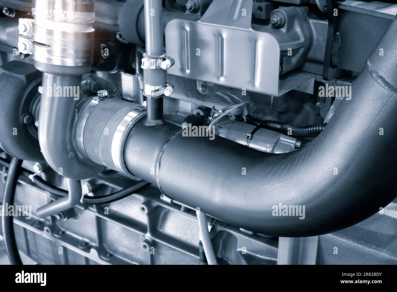 Closeup of diesel engine turbocharger, Diesel and gas industrial electric generator